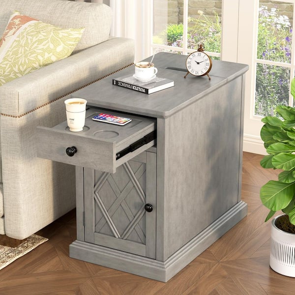 14.2 in. Antique Gray Rectangle Acacia Wood and MDF End Table with USB Ports, Sliding Shelf and Storage Cabinet