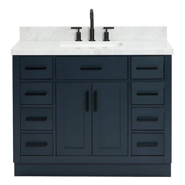 Hepburn 42 in. Single Sink Freestanding Bathroom Vanity in Midnight Blue with Carrara White Marble Top