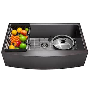 Matte Black Finished Stainless Steel 33 in. x 20 in. Single Bowl Farmhouse Apron Mount Kitchen Sink with Accessories