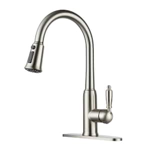 Single Handle Pull-Down Sprayer Kitchen Faucet with Three-function Pull out Sprayer head, Deckplate in Brushed Nickel