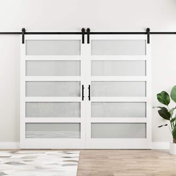 96 in. x 84 in. 5-Lite with Frosted Glass White MDF Pre-Drilled Sliding Barn Door with Hardware Kit Soft Close Include