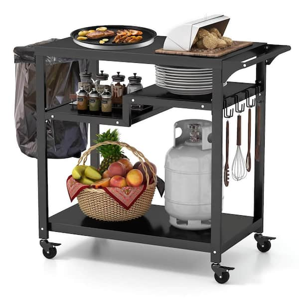 Black Rolling Grill Cart 3-Shelf Kitchen Cart with Hooks and Side Handle