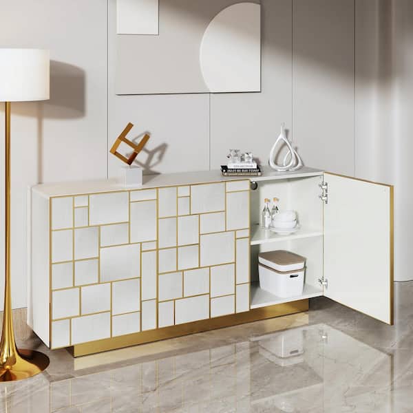 Clihome White 33 in. H 3-Door MDF Accent Cabinet Freestanding Storage Cabinet Sideboard Buffet with Adjustable Shelves