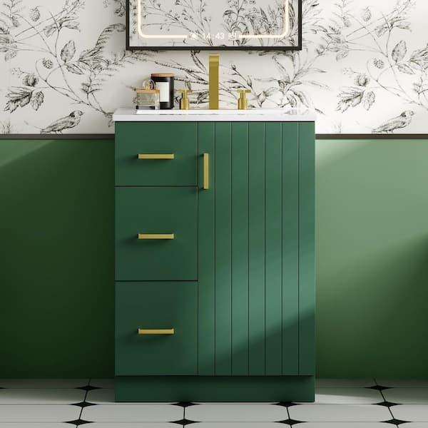 24 in. Single Sink Freestanding Green Bath Vanity with White Ceramic Top, 2 Drawers and 2 Shelves Cabinet Unassembled