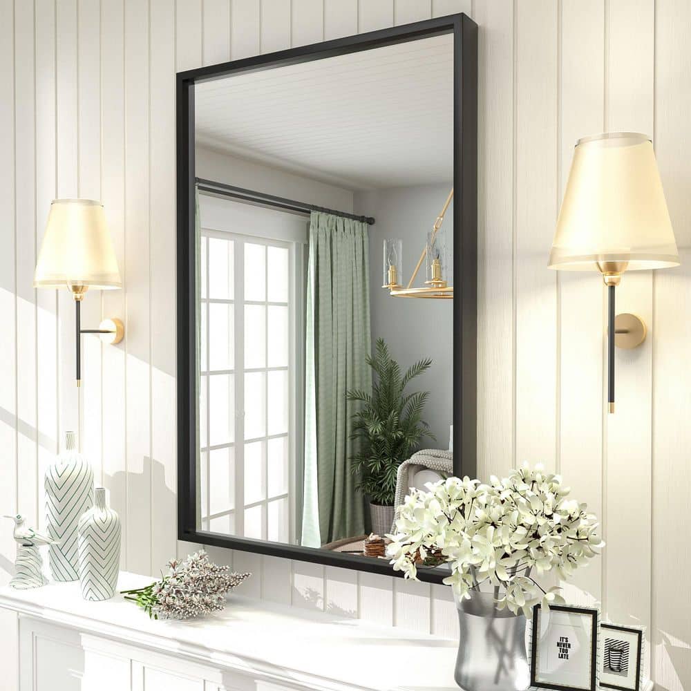 24 in. W x 36 in. H Rectangular High-Definition Aluminum Alloy Framed Tempered Glass Wall Decor Mirror in Matte Black price history on PriceWatchPro