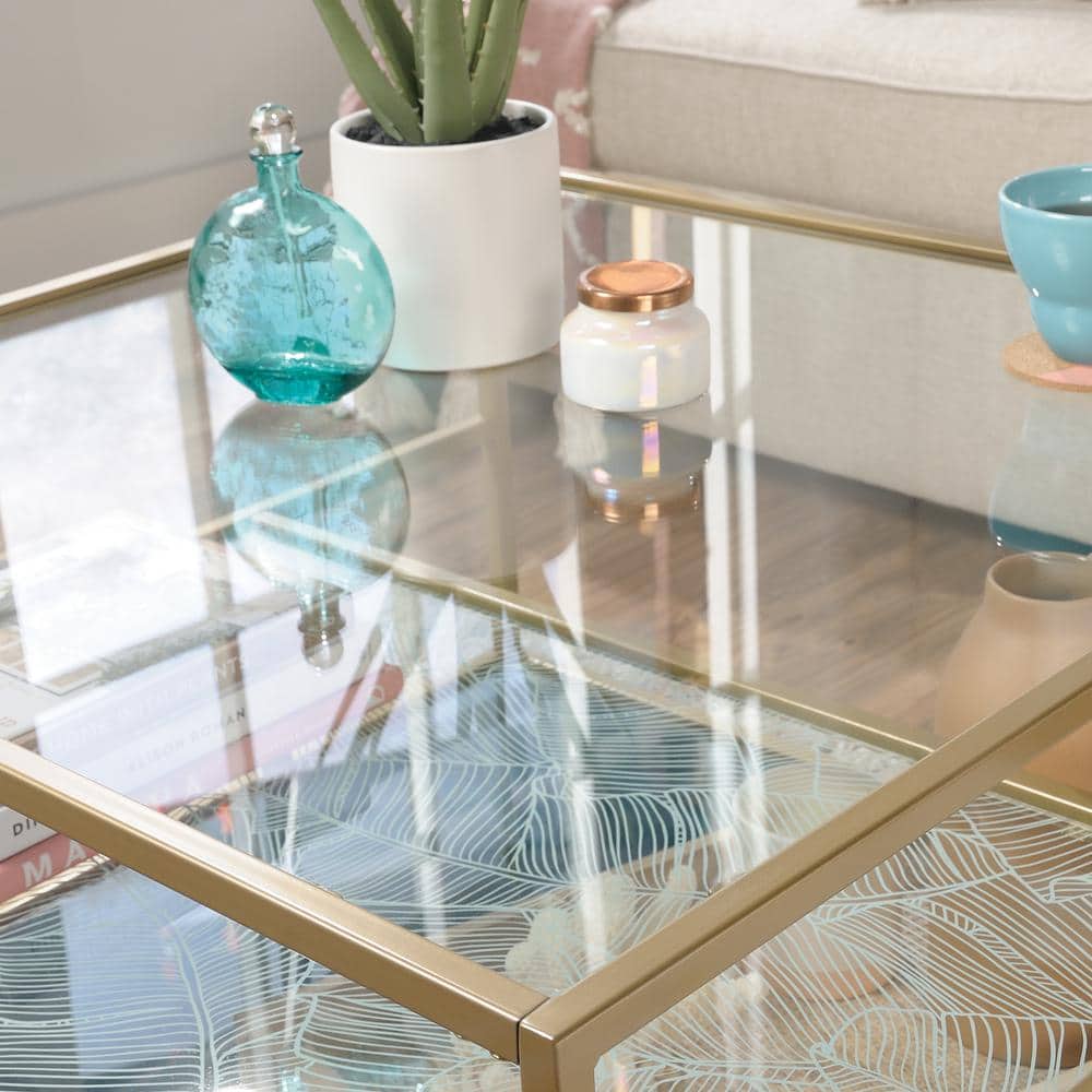Satin Gold Square Coastal Glass Coffee Table with Abstract Shelves