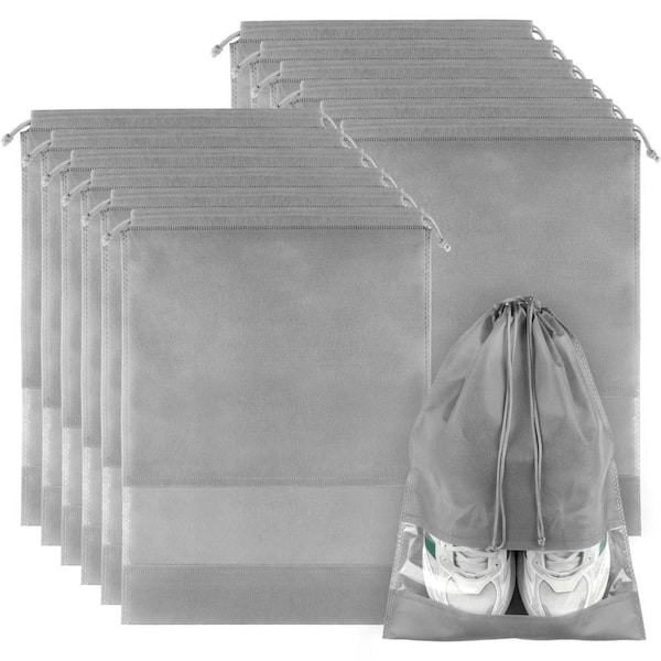 Gray Breathable Shoe Bags w/ Clear Window, 12-Pack Large Drawstring Travel Luggage Organizers for Shoes and Accessories