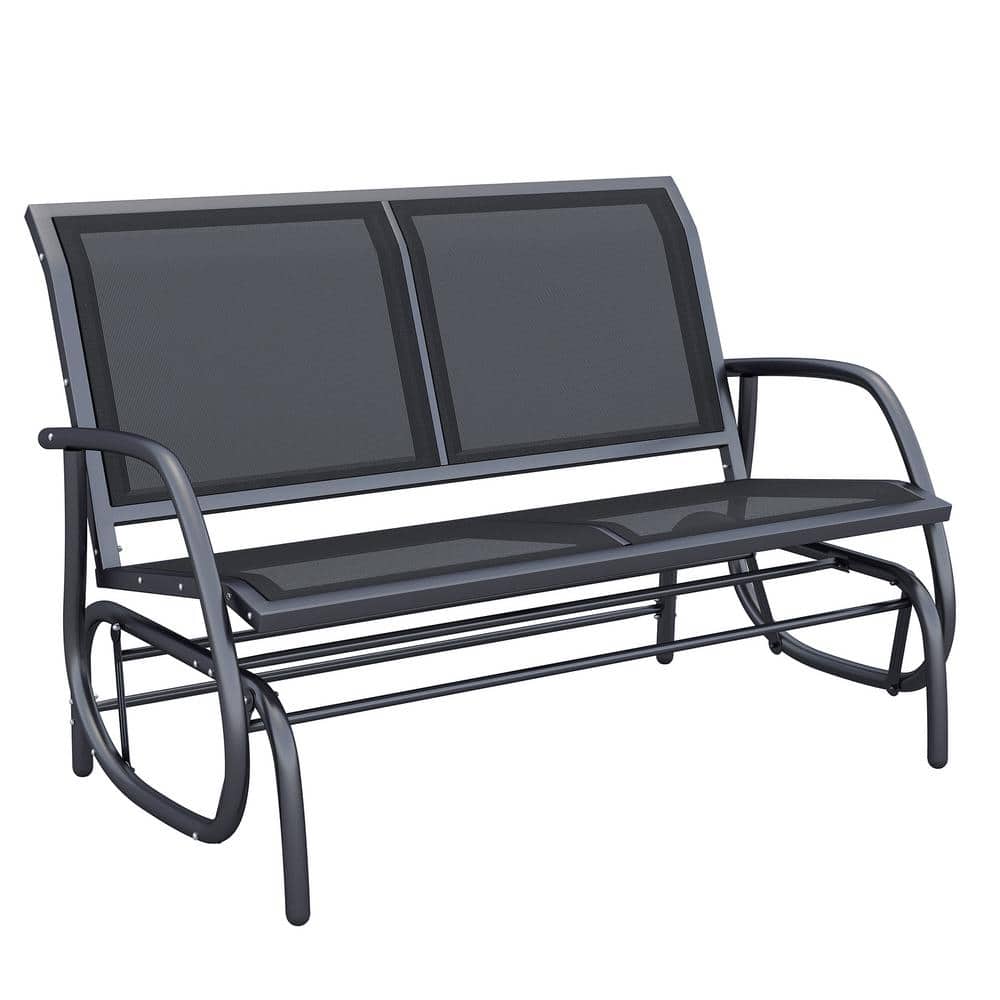 2-Person Black Metal Powder Coated Steel Outdoor Glider Bench, Patio Double