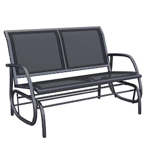 2-Person Black Metal Powder Coated Steel Outdoor Glider Bench, Patio Double Swing Rocking Chair Loveseat for Backyard