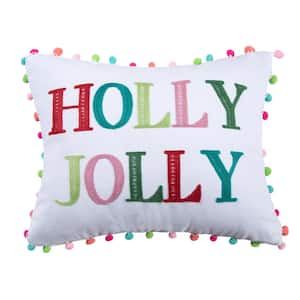 Holly Jolly Multi-Color Embroidered with All Around Pom Pom Edge 14 in. x 18 in. Throw Pillow