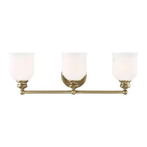 Melrose 24 in. W x 7.75 in. H 3-Light Warm Brass Bathroom Vanity Light with White Glass Shades