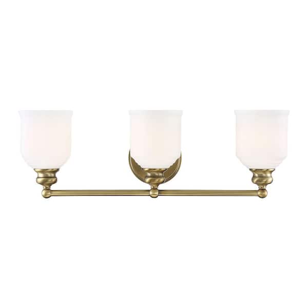 Melrose 24 in. W x 7.75 in. H 3-Light Warm Brass Bathroom Vanity Light with White Glass Shades