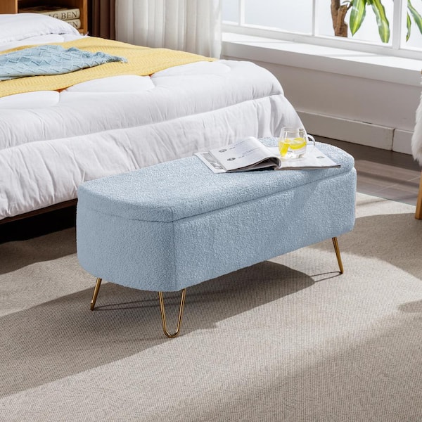 Modern 39.37 in. Blue Polyester Upholstered Storage Ottoman Bedroom Bench with Gold Legs Faux Fur Entryway Bench