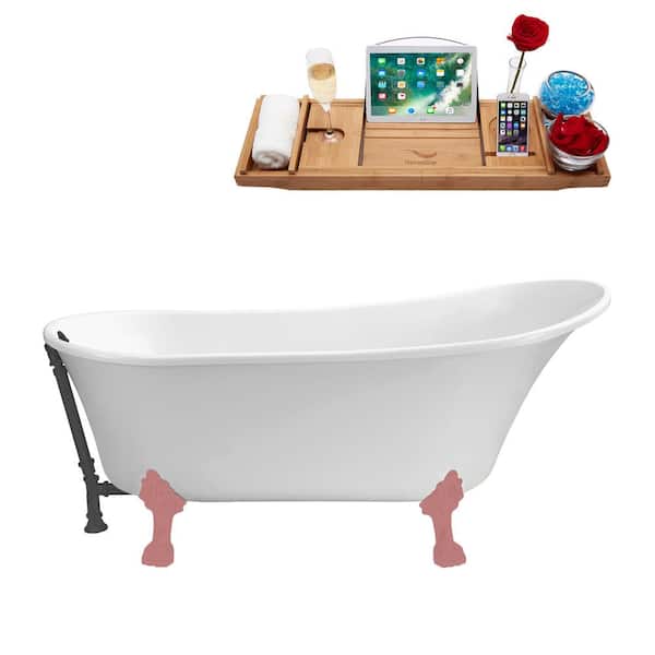 Streamline 55 in. x 26.8 in. Acrylic Clawfoot Soaking Bathtub in Glossy White with Matte Pink Clawfeet and Brushed Gun Metal Drain