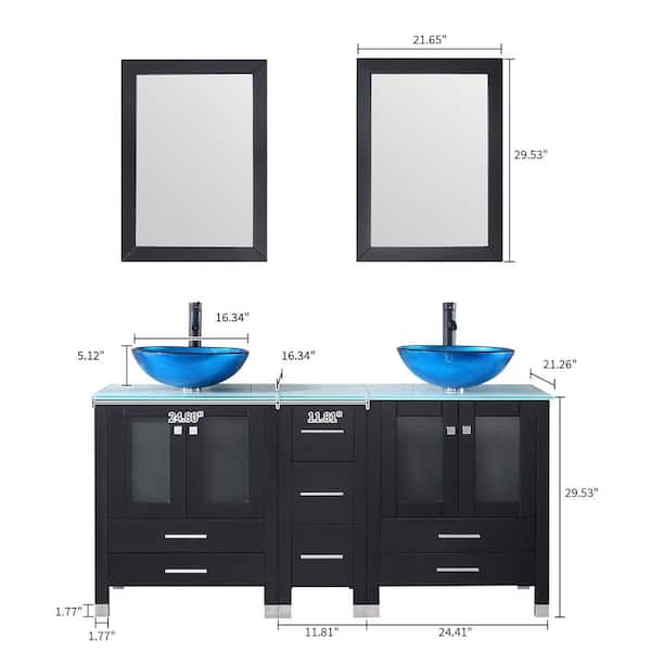 60.61 in. Double Foil Laminated Tempered Glass Blue Sinks Freestanding Black Bath Vanity with Green Tempered Glass Top