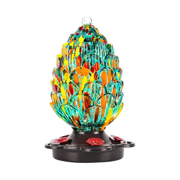 Misopily 25 fl. oz. Hanging Pine Cone Shaped Hand Blown Glass Hummingbird Feeder Rust Proof & Leak Proof, Blue
