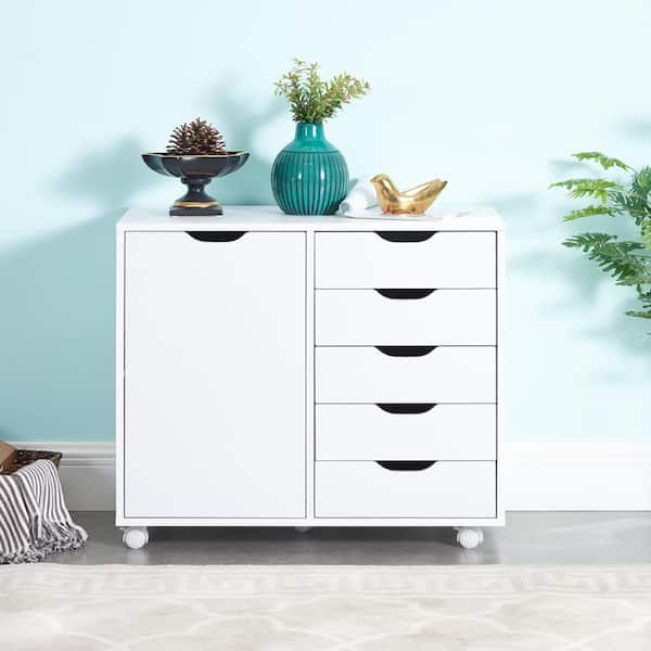 HOMESTOCK White, 5 Drawer Wood Storage Dresser Cabinet with