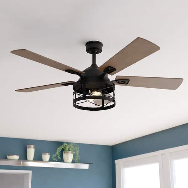 Elburn 52 in. Farmhouse Indoor Black Ceiling Fan with Caged Drum LED Light Kit and Remote