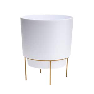 Hopson Small 6 in. Casper White Plastic Planter with Metal Gold Stand