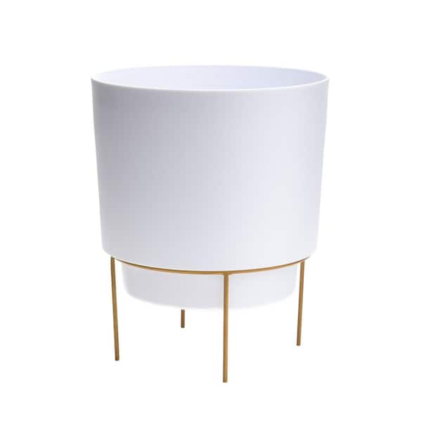 Bloem Hopson Small 6 in. Casper White Plastic Planter with Metal Gold Stand