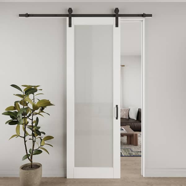 ARK DESIGN 32 in. x 96 in. 1-Lite Tempered Frosted Glass White Primed MDF Composite Sliding Barn Door with Hardware Kit