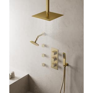 Thermostatic Valve 8-Spray 12 in. and 6 in. Ceiling Mount Dual Shower Head and Handheld Shower in Brushed Gold