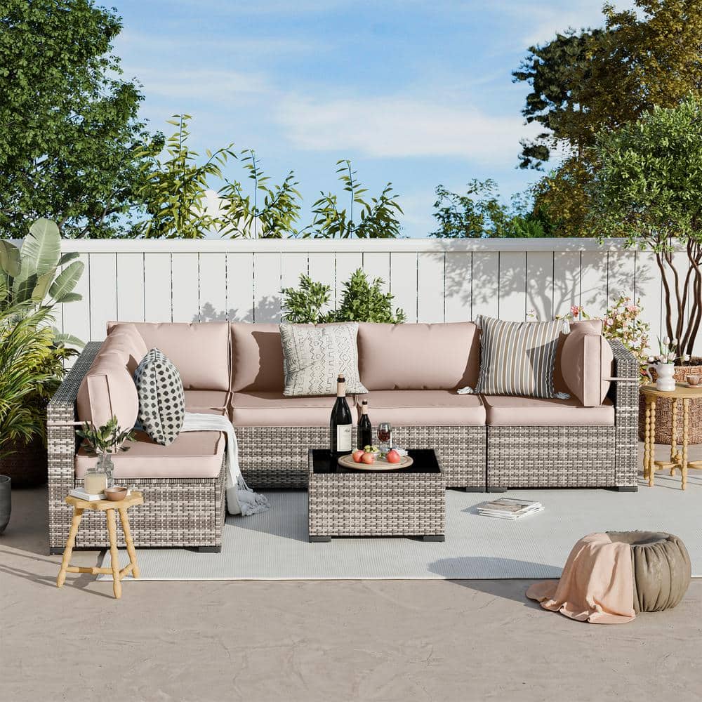 7-Piece Gray Wicker Outdoor Patio Conversation Set with Khaki Cushions