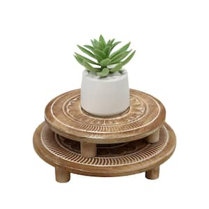 Natural Wood Set of 2-Round Wood Risers with Carved Pattern Design