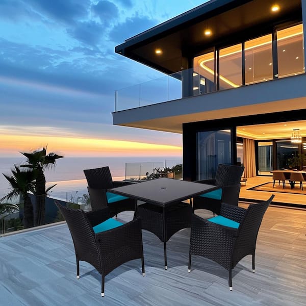Unbranded Modern 5-Piece Black Wicker Outdoor Sofa Patio Conversation Seating Set with LakeBlue Cushions