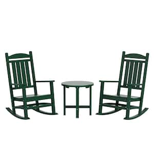 Laguna 3-Piece Classic Outdoor Patio Fade Resistant Plastic Rocking Chairs and Round  Side Table Set in Dark Green