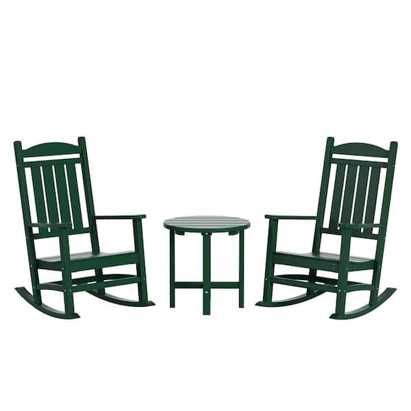 Laguna 3-Piece Classic Outdoor Patio Fade Resistant Plastic Rocking Chairs and Round Side Table Set in Dark Green