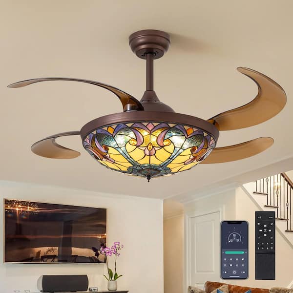 48 in. Smart Indoor Tiffany Colorful Glass Invisible Chandelier Ceiling Fan with Dimmable Led with Remote Included