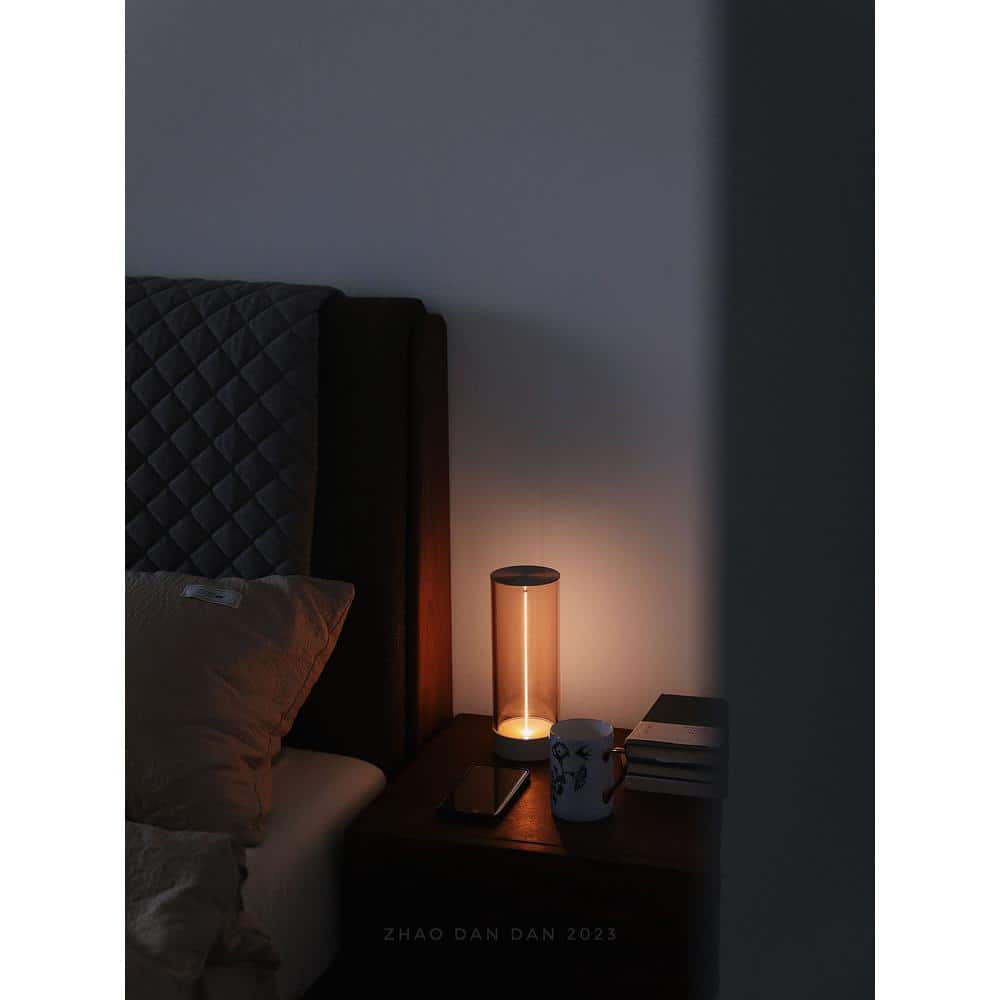 Gray Cordless Cylinder LED Bedside Lamp with Acrylic Shade