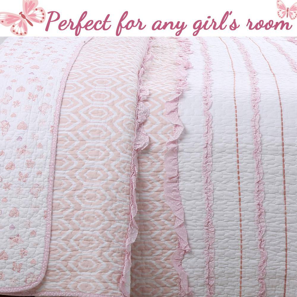 Pink and White Cotton Reversible Twin Quilt Set