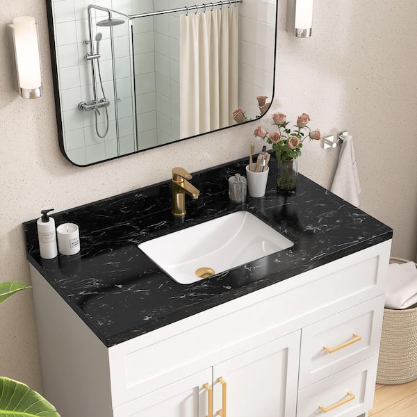 42 in. W x 22 in. D Quartz Stone White Rectangular Undermount Single Sink and 4 in. H Backsplash Vanity Top in Black
