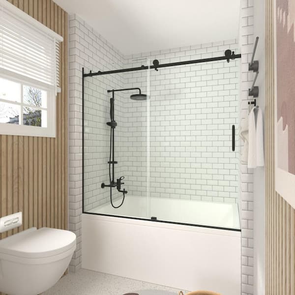 60 in. W x 60 in. H Frameless Sliding Bathtub Door-1/4" (6mm) in Matte Black