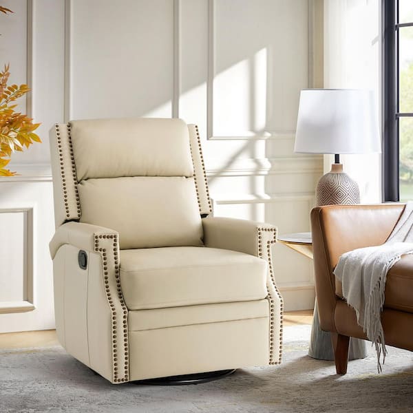 Dryope Beige Genuine Leather Nursery Swivel Rocker Recliner with Nailhead Trim