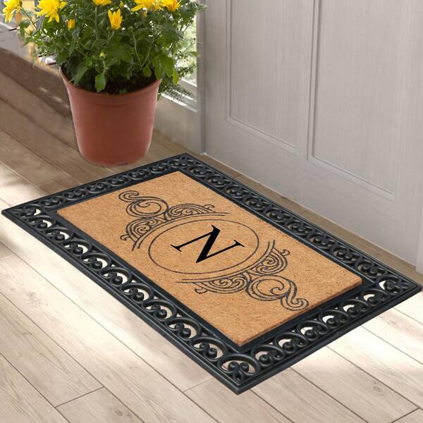 A1 Home Collections A1hc Markham Picture Frame Black/Beige 30 in. x 60 in. Coir and Rubber Flocked Large Outdoor Monogrammed Q Door Mat