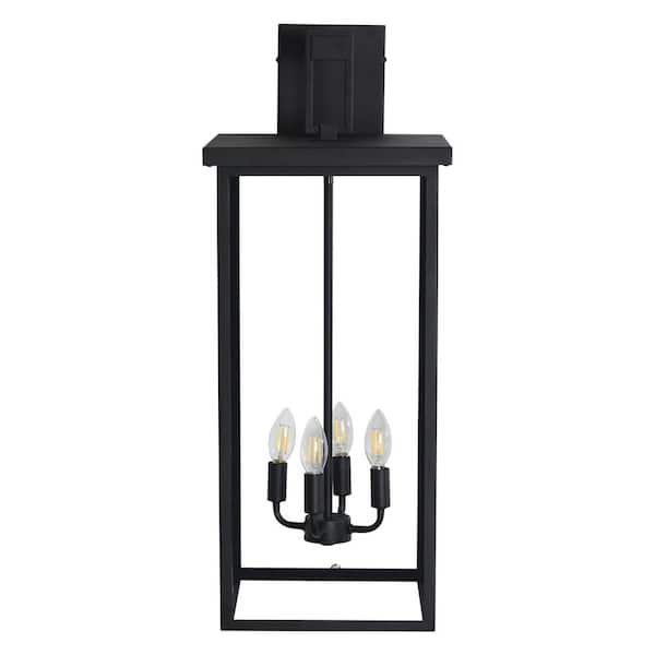 29.5 in. 4-Light Black Dusk to Dawn Outdoor Hardwired Wall Lantern Scone with Glass Shade (Bulbs Not Included)