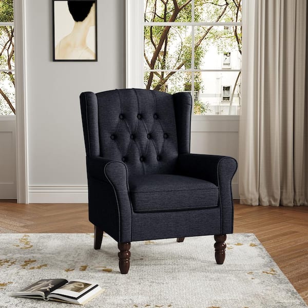 Uixe Modern Black Blue Linen Upholstered Button High Back Accent Arm Chair With Wood Legs (Set of 1)