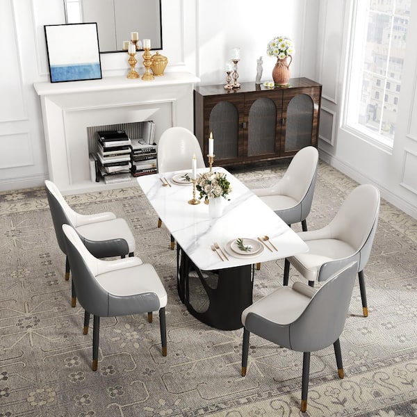 63 in. White Rectangle Round Edge Sintered Stone Top Pedestal Black Metal Base Dining Table (Seats-6)