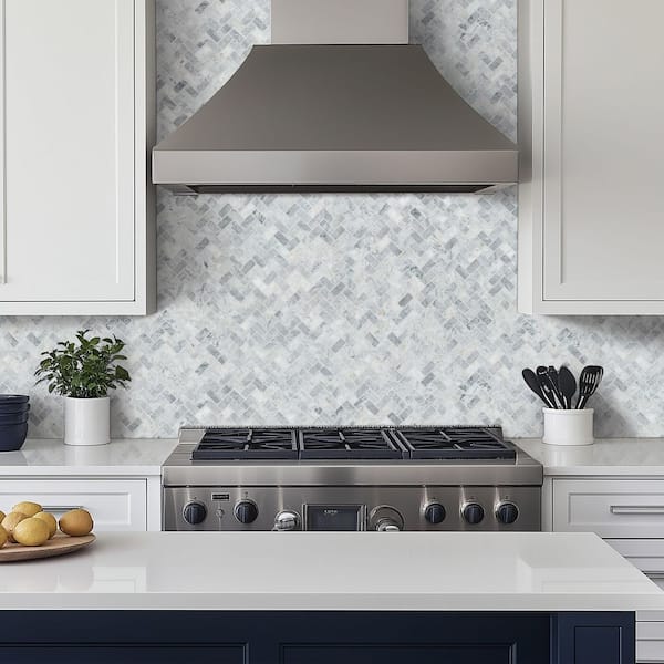 Capri Blue Herringbone 12 in. x 12 in. x 0.38 in. Honed Marble Mesh-Mounted Mosaic Tile (0.94 sq. ft./Each)