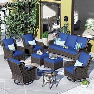 Oreille Brown 8-Piece Wicker Outdoor Patio Conversation Sofa Set with Swivel Rocking Chairs and Navy Blue Cushions