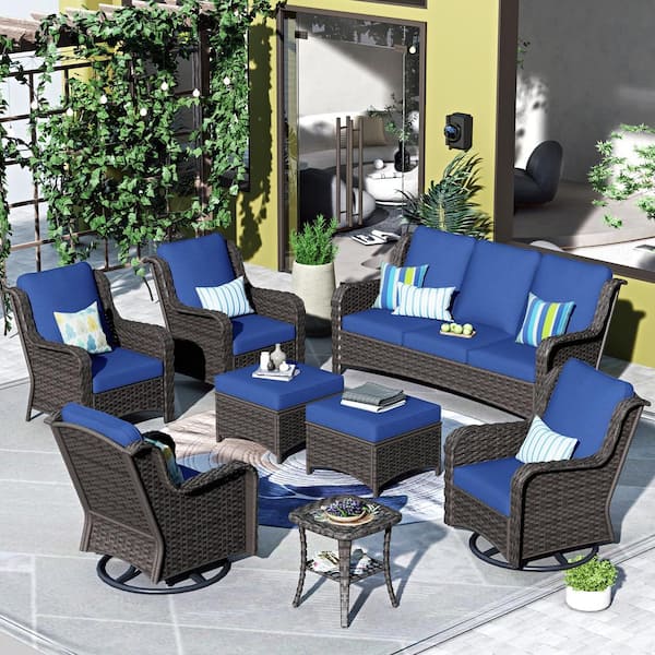 HOOOWOOO Oreille Brown 8-Piece Wicker Outdoor Patio Conversation Sofa Set with Swivel Rocking Chairs and Navy Blue Cushions