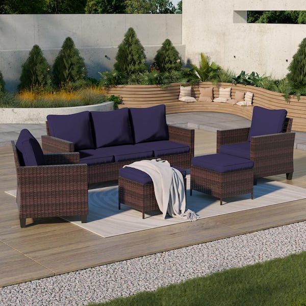 Sonkuki 5-piece Outdoor Patio Conversation Set Widened Back and Arm Brown Rattan Outdoor, Soft Cushions, Navy Blue