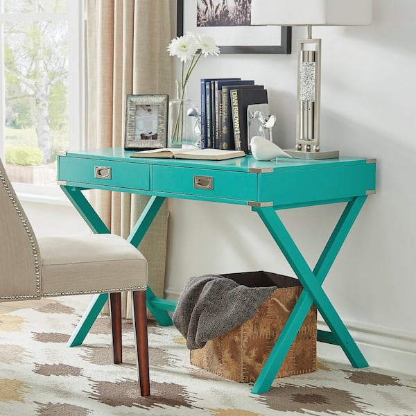 HomeSullivan 42 in. Marine Green X Base Wood Accent Campaign Writing Desk