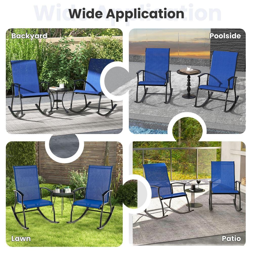 Collage showing the rocking chairs in backyard, poolside, lawn, and patio settings.