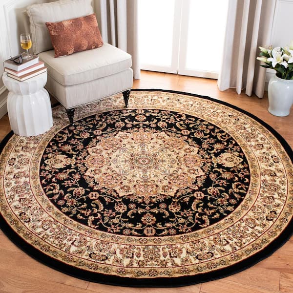 Lyndhurst Black/Ivory 7 ft. x 7 ft. Round Medallion Border Antique Area Rug