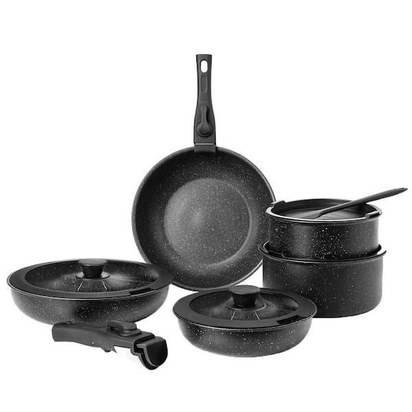 Anqtovp 12-Piece Non-Stick Stainless Steel Cookware Set, Pots and Pans Set with Spatula and Detachable Handle in Black
