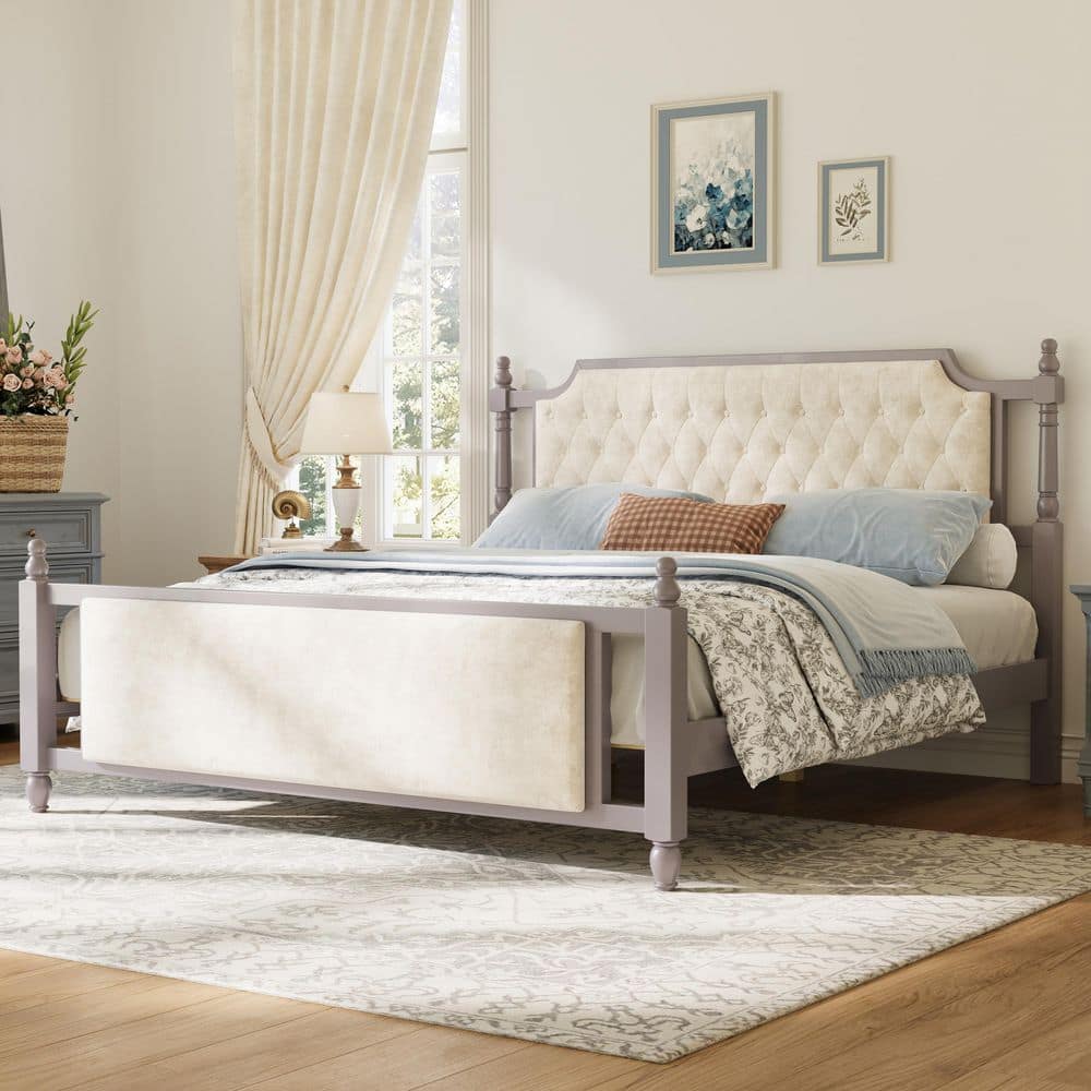 Elvora French Taupe(Gray) Wood Frame King Size Platform Bed with Cream White Button Tufted Velvet Upholstered Headboard